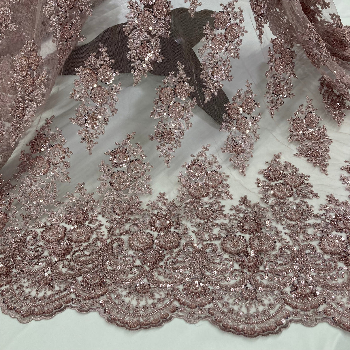 Beaded Lace Fabric on Polyester Net Mesh