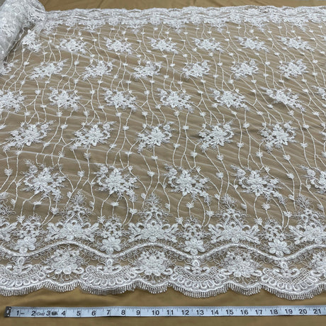 Beaded Corded Bridal Lace Fabric - Black, Navy, 51" Width (1 Yard)