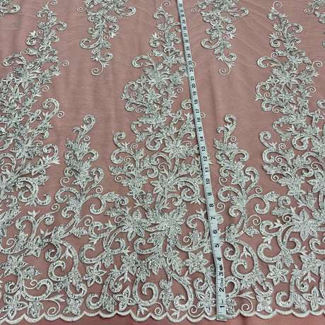 Beaded Corded Bridal Lace Fabric - Embroidered Polyester Net Mesh, 51" Width, White, Ivory, Silver, Gold (1 Yard)