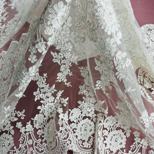 1 Yard Silver Corded Bridal Lace Fabric Embroidered on Polyester Net Mesh Elegant Floral 50 Inch Width