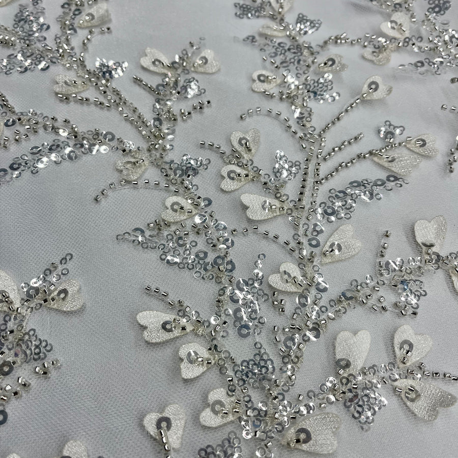 1 Yard Ivory with Silver Beaded 3D Floral Lace Fabric Embroidered on Polyester Net Mesh 54 Inch Width