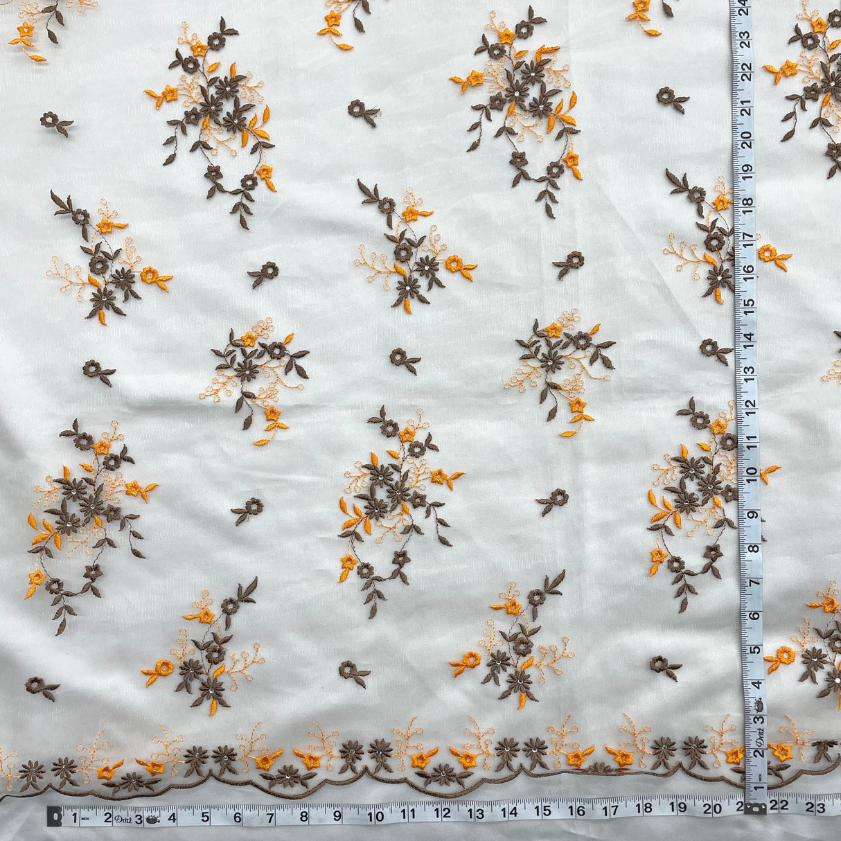 Beaded Lace Fabric Embroidered On 100 Percent Polyester Net Mesh - Yellow, Lilac, Brown/Orange, 54" Width (1 Yard)