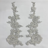 Beaded Corded Floral Lace Applique Embroidered 100 Percent Polyester Net Mesh Fabric - White, Ivory, Ivory With Silver Cording, White With Silver Cording, Black, 13" X 3.5" (1 Pair)
