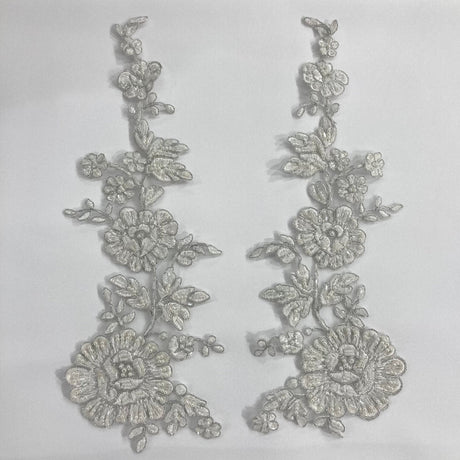 Beaded Corded Floral Lace Applique Embroidered 100 Percent Polyester Net Mesh Fabric - White, Ivory, Ivory With Silver Cording, White With Silver Cording, Black, 13" X 3.5" (1 Pair)
