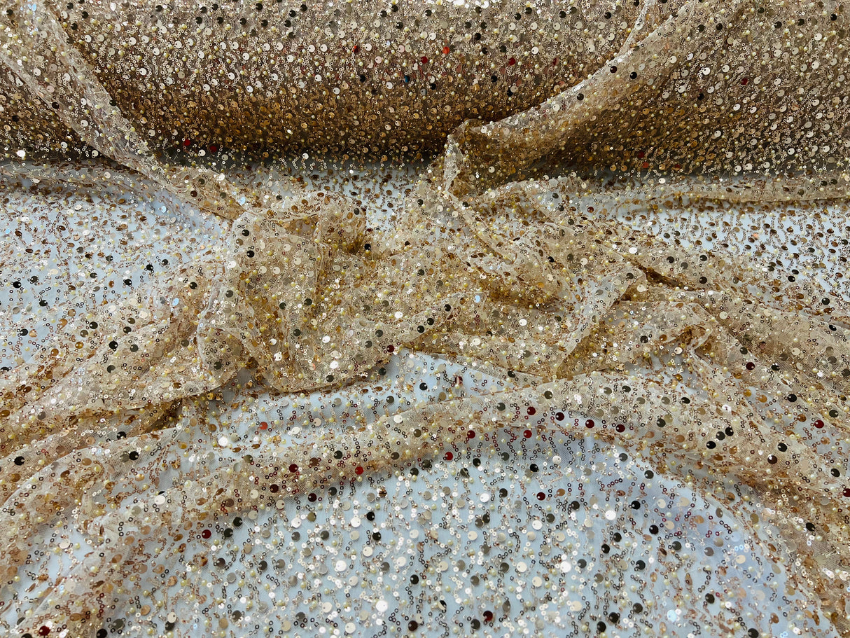 All Over Beaded Lace Polyester Fabric - Beaded, Sequins, Pearls, Mesh Lace, 54" Width (1 Yard)