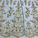 Ethereal Elegance Beaded Corded Bridal Embroidered Lace Polyester Fabric - White, Gold, Ivory, Silver, Rose Gold, 54" Width (1 Yard)