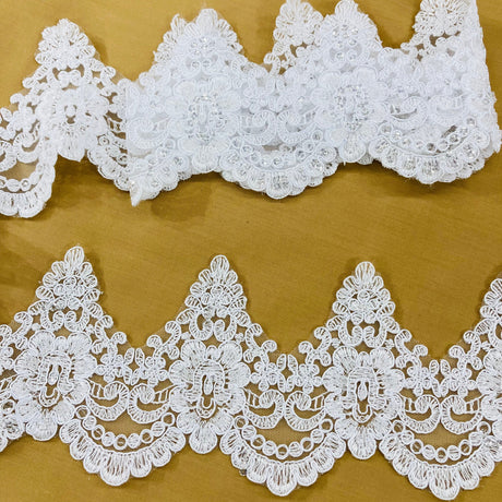 Beaded & Corded Lace Trimming 100 Percent Polyester Fabric - Embroidered Net Mesh, 4.5" Width (1 Yard)