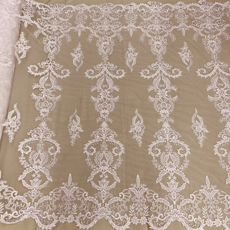 Beaded Corded Bridal Lace Fabric - White, Ivory, Embroidered Net Mesh, 51" Width (1 Yard)