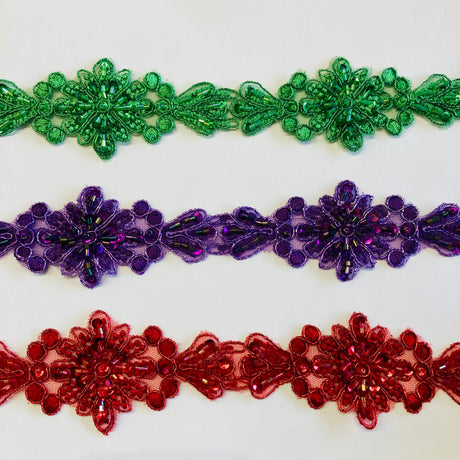 Beaded And Corded Lace Trimming 100 Percent Polyester Net Mesh Fabric - Purple, Emerald Green, 2" Width (1 Yard)