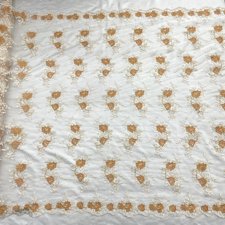 1 Yard Corded Bridal Lace Fabric Embroidered on 100% Polyester Net Mesh Gold 53" Wide