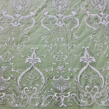 Beaded Lace Fabric - Embroidered Polyester Net Mesh, White, Ivory, Antique Silver, 51" Width (1 Yard)