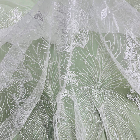 Beaded Lace Fabric Embroidered On 100 Percent Polyester Net Mesh - Gold, Silver, Ivory, White, 52" Width (1 Yard)