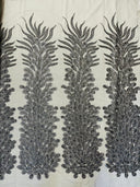 New Vegas Heavy Beaded Feather Design Embroidery Mesh Fabric - Beaded Feather Design, 11" Width, 50" Length (1 Panel)