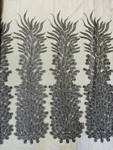 New Vegas Heavy Beaded Feather Design Embroidery Mesh Fabric - Beaded Feather Design, 11" Width, 50" Length (1 Panel)
