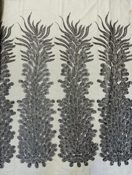 New Vegas Heavy Beaded Feather Design Embroidery Mesh Fabric - Beaded Feather Design, 11" Width, 50" Length (1 Panel)