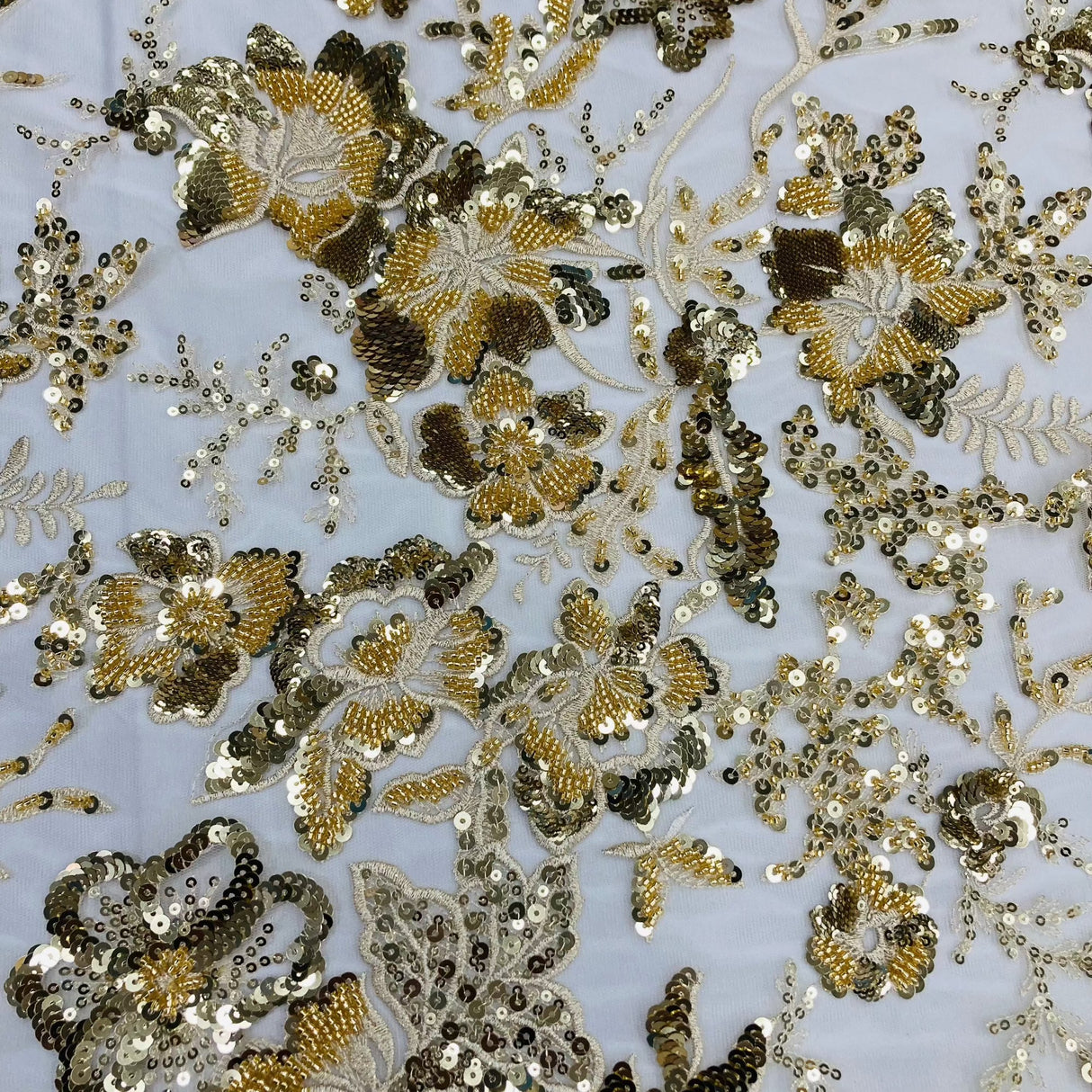 Beaded Sequined Lace Fabric Ivory