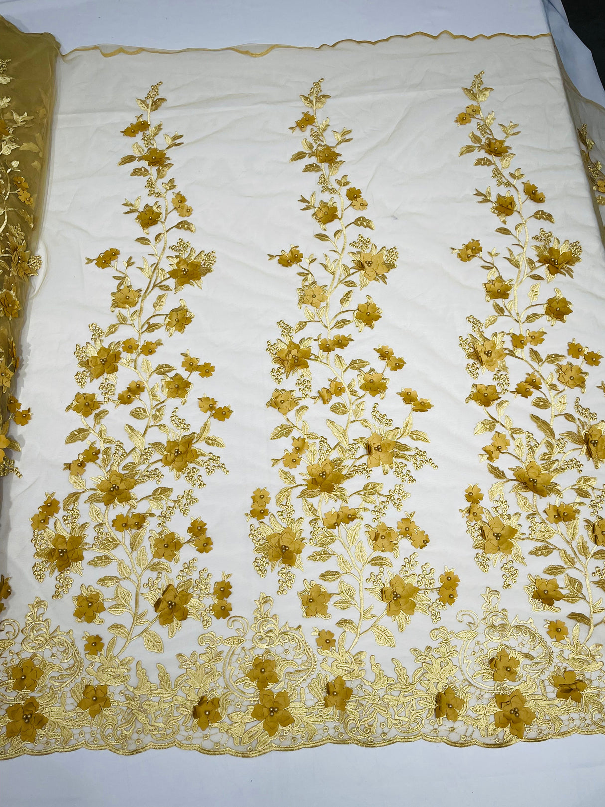Princess 3D Floral Lace Polyester Fabric - Beaded Mesh Lace, 50" Width (1 Yard)
