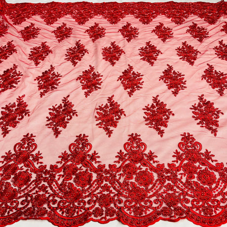 Beaded Corded Lace Fabric With Scallops