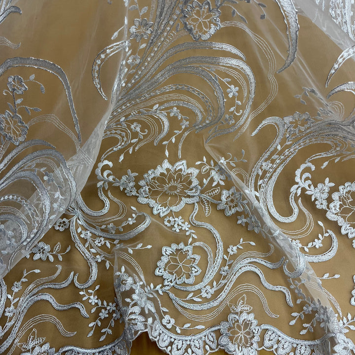 1 Yard Exquisite Corded Embroidered Bridal Lace Fabric for Special Occasion White