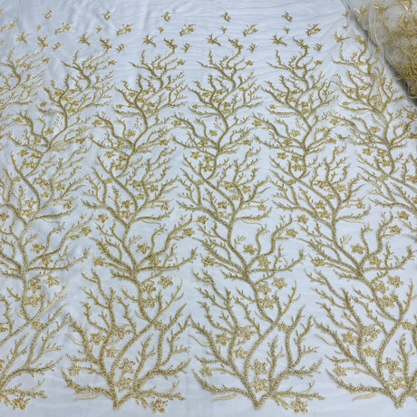 Beaded Lace Fabric Embroidered With Fuzzy Thread On 100 Percent Polyester Net Mesh - Ivory, Silver, White, Gold, 54" Wide (1 Yard)