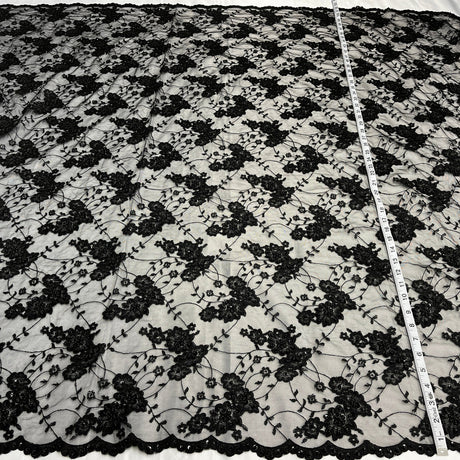 1 Yard Beaded & Corded Lace Fabric Embroidered on 100% Polyester Net Mesh 52" Wide