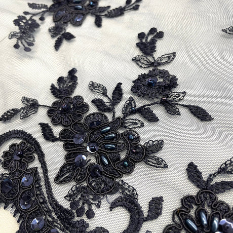 Beaded Corded Bridal Lace Fabric - Embroidered Polyester Net Mesh, Pearl Sequin Detail, 54" Width (1 Yard)