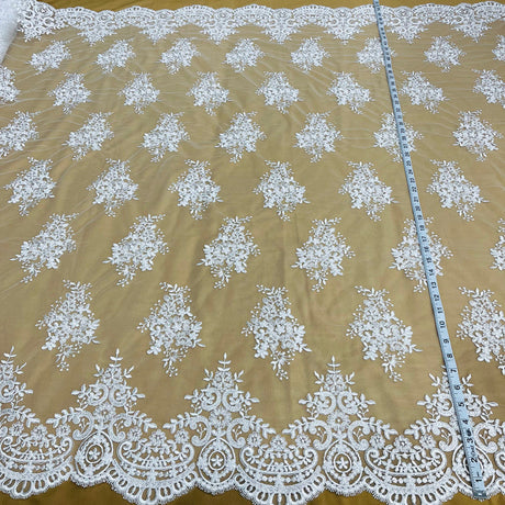 1 Yard Luxurious Corded Embroidered Bridal Lace Fabric for Couture Dresses White