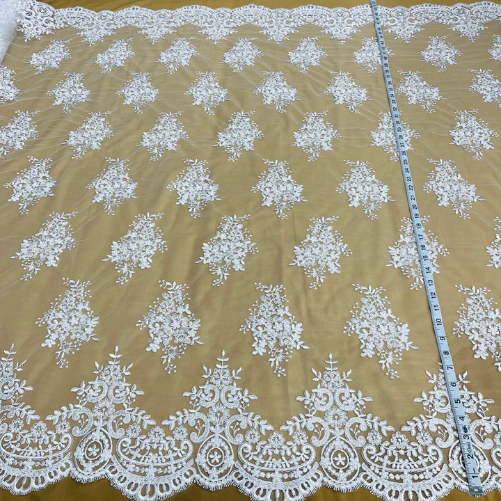 1 Yard Silver Corded Bridal Lace Fabric Embroidered on Polyester Net Mesh Elegant Design 56 Inch Width