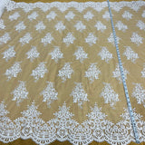 1 Yard Silver Corded Bridal Lace Fabric Embroidered on Polyester Net Mesh Elegant Design 56 Inch Width