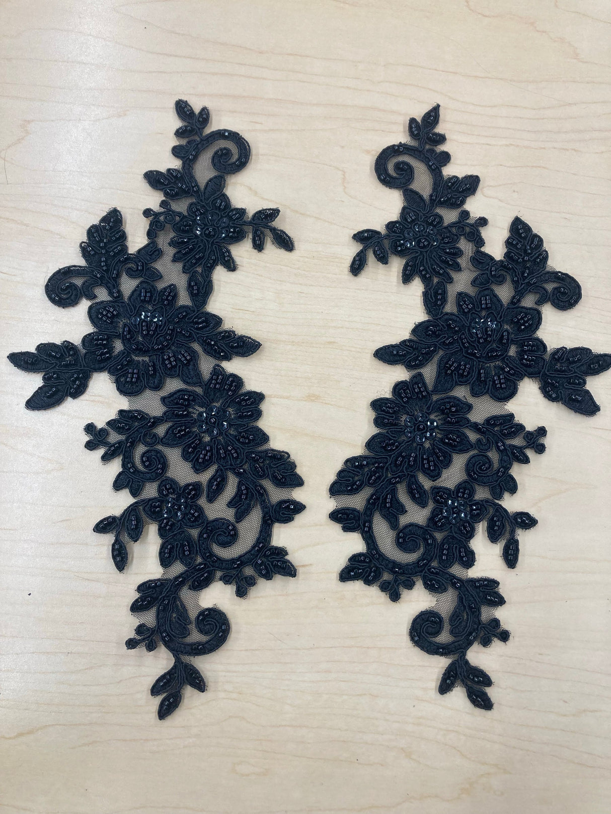 1 Pair Beaded & Corded Floral Lace Applique 100% Polyester Net Mesh 12.5" x 5"