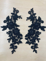 1 Pair Beaded & Corded Floral Lace Applique 100% Polyester Net Mesh 12.5" x 5"