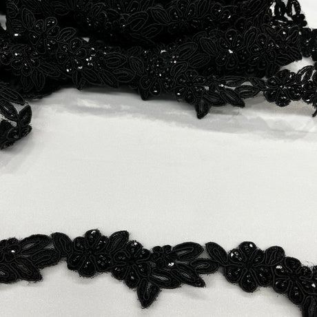 Beaded & Corded Lace Trimming Embroidered On 100% Polyester Net Fabric - 1.5" Width, Multiple Colors (1 Yard)