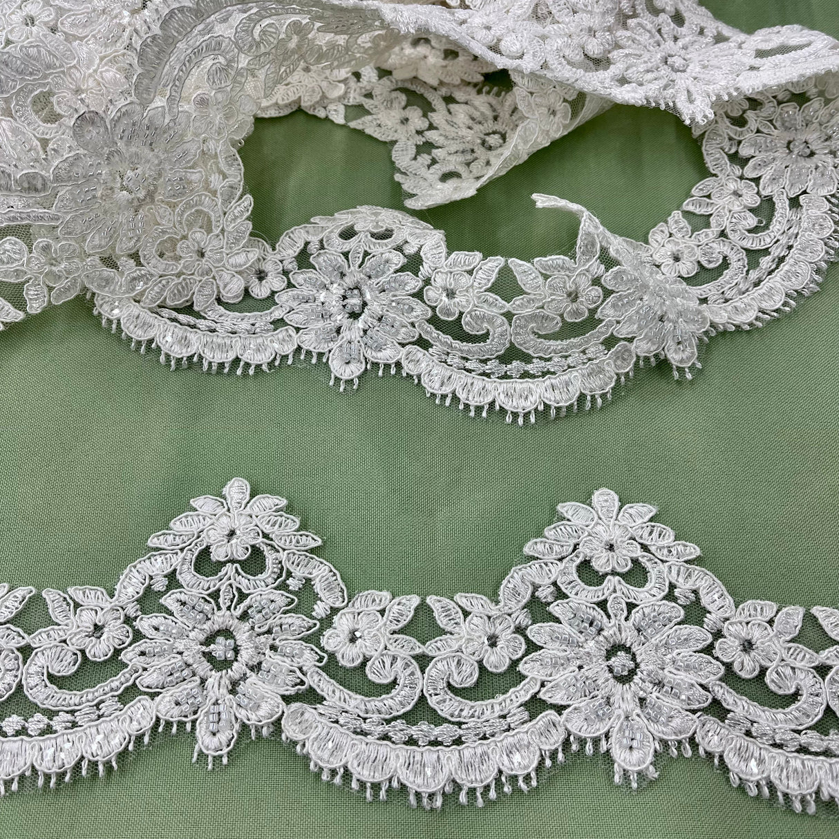 Beaded & Corded Lace Trimming Embroidered On 100% Polyester Net Mesh Fabric - White, Ivory, White/Silver, Ivory/Silver, 3" Width (1 Yard)