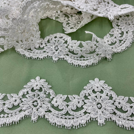 Beaded & Corded Lace Trimming Embroidered On 100% Polyester Net Mesh Fabric - White, Ivory, White/Silver, Ivory/Silver, 3" Width (1 Yard)