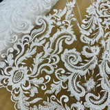 Beaded Lace Fabric Embroidered On 100% Polyester Net Mesh - Off White, Floral Sequin Embroidery, 52" Width (1 Yard)