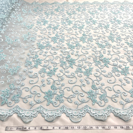 1 Yard - Beaded & Corded Bridal Fabric Lace Embroidered on 100% Polyester Net Mesh - Ivory - 54"