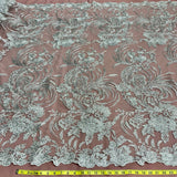 1 Yard Corded & Sequined Bridal Lace Fabric Embroidered on 100% Polyester Net Mesh – Silver – 54"
