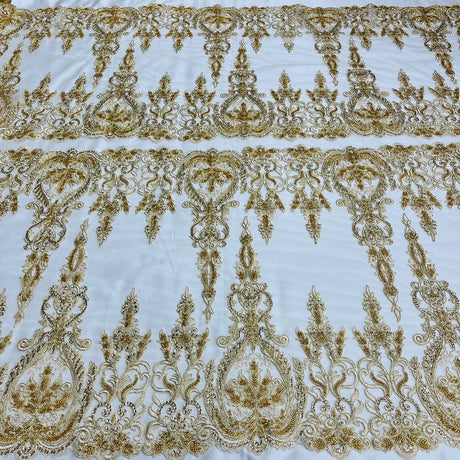 1 Yard Beaded & Corded Bridal Lace Fabric Embroidered on 100% Polyester Net Mesh | Lace USA - Ivory
