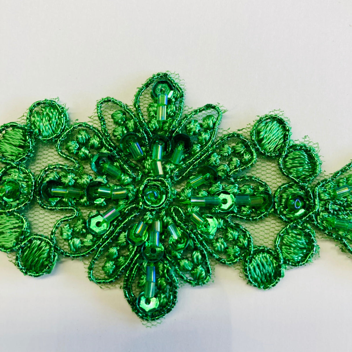 Beaded And Corded Lace Trimming 100 Percent Polyester Net Mesh Fabric - Purple, Emerald Green, 2" Width (1 Yard)