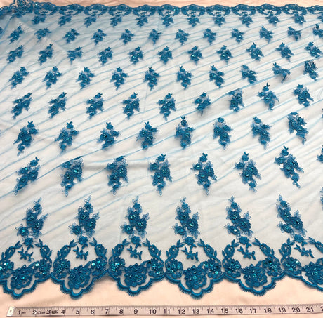 1 Yard - Beaded & Corded Lace Fabric Embroidered on 100% Polyester Net Mesh - Ivory - 53"