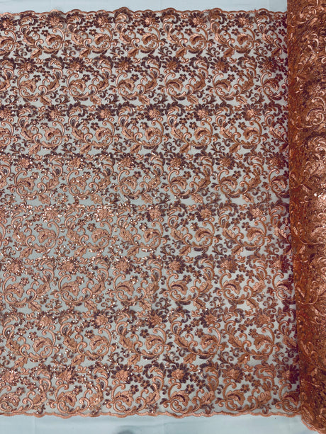 Angela Metallic Corded Lace Fabric - Embroidered Sequins Mesh Lace, Double Scallop Edge, 50-54" Width (1 Yard)