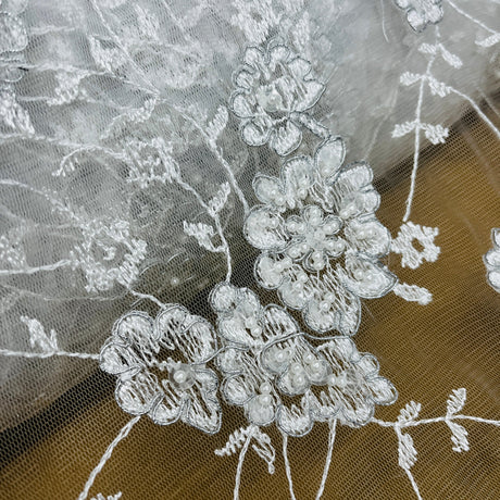 Beaded Corded Lace Fabric 100% Polyester Net Mesh 52"