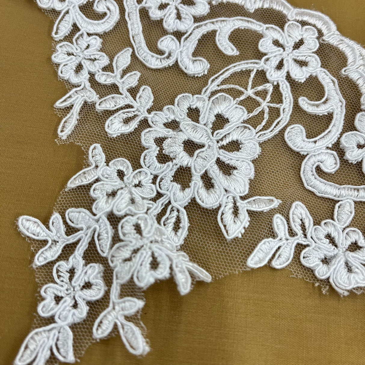 Corded Lace Trimming Embroidered On 100 Percent Polyester Net Mesh Fabric - Black, Ivory With Gold, Ivory With Silver, Ivory, Silver, White, 6" Width (1 Yard)