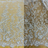 1 Yard Corded Bridal Lace Fabric Embroidered on Polyester Net Mesh White and Ivory