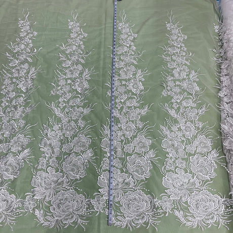 Beaded Lace Fabric Embroidered On 100 Percent Polyester Net Mesh - Floral Beaded Embroidery, 52" Width (1 Yard)