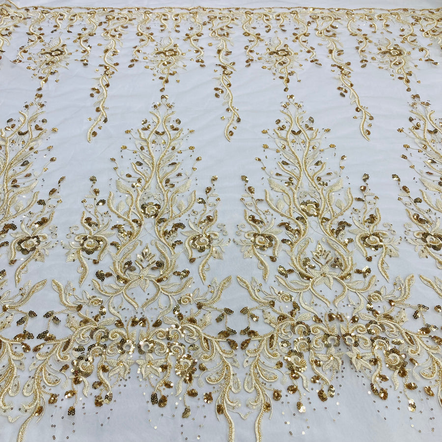 1 Yard Ivory Beaded Lace Fabric Embroidered on 100 Percent Polyester Net Mesh 52 Inch Width