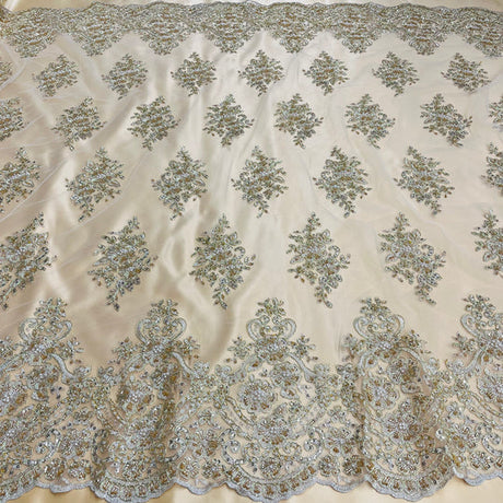 1 Yard Regal Beaded and Corded Lace Fabric with Scallops Embroidered on Polyester Net Mesh