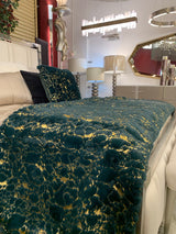 Golden Silver Metallic Faux Fur Blanket/Coverlet/Quilt Fabric - White Scattered Gold Foil, Cal King/Eastern King 104" X 93" (1 Piece)