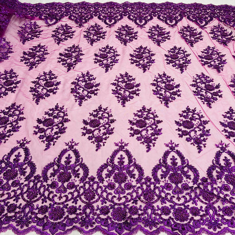 1 Yard Luxurious Beaded and Corded Bridal Lace Fabric Embroidered on Polyester Net Mesh