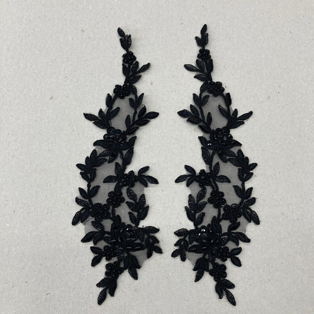 Beaded Corded Floral Lace Applique on Polyester Net Mesh